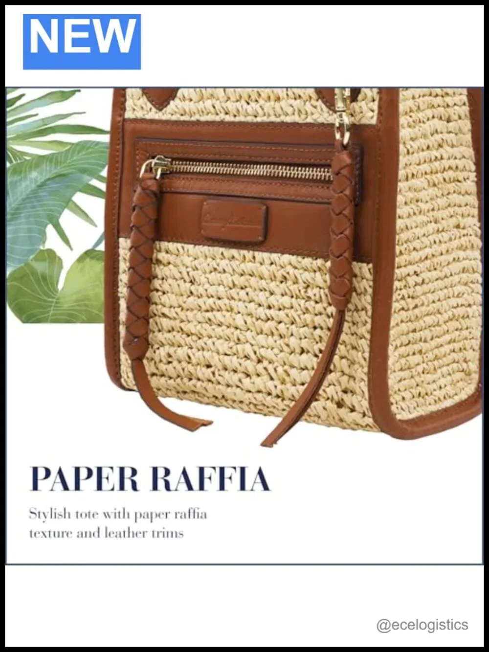Raffia Tote Bag with Bamboo Handle, Leather Trim, Structured Summer Handbag